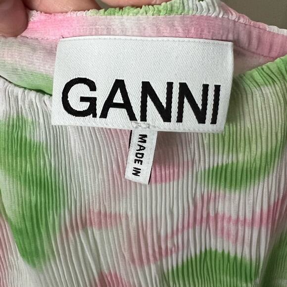 GANNI Womens Pink Green Pleated Ruffle Georgette Strap Mini Dress Sz S - Picture 8 of 9